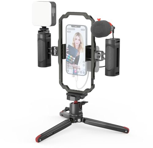 SmallRig Universal Phone Video Rig Kit for iPhone, Smartphone and Cameras, Phone Stabilizer Rig w/Tripod Microphone LED Light Side Handle Power Bank Holderm, for Vlogging & Live Streaming - 3384C