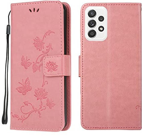 Samsung Galaxy M13 / M23 Case, Shockproof Flip PU Leather Slim Fit Wallet Phone Case Lotus Butterfly with Stand Card Slot Holder Gel Bumper Folio Protective Cover for Samsung M13 / M23 Pink