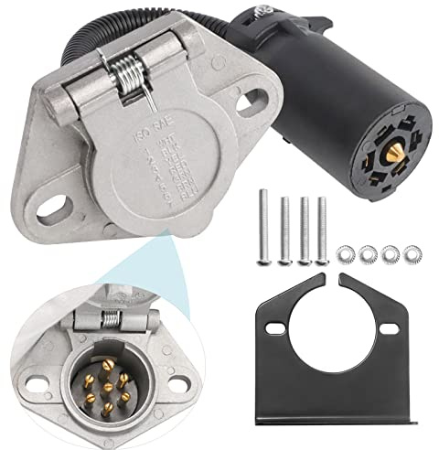 MECMO 7-Way RV Blade to 7 Way Round Pin Trailer Adapter Connector, Die-cast Zinc with Mounting Bracket, 7 RV to 7 Pole Pin Trailer Socket Plug Harness for Towing Commercial, Agricultural, Farm Trailer