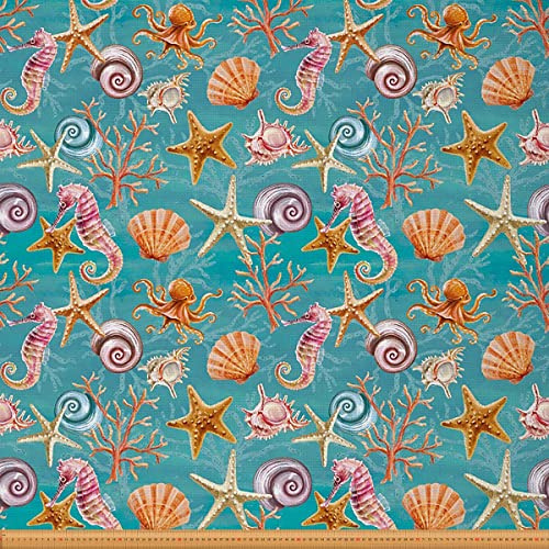 Tela náutica exótica de The Yard colorida tela de tapicería temática de criaturas marinas para sillas Hawaii, concha de mar, estrella de mar, caballito de mar, tela decorativa impermeable de 1 yarda