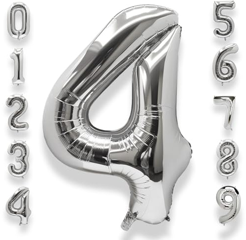 AULE Silver Number 4 Balloon 40 Inch Giant 0-60 Foil Large Balloons | Big Mylar 4 Number Balloon Helium Huge Jumbo for Happy 4th Birthday Party Anniversary Decorations Supplies