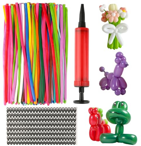 100 Stück Modellierballons, Magisches Luftballons Set, Tiere Balloons, Lange Bunte Latexballon, mit Pumpe und Augenaufklebern, für Geburtstag, Party, Hochzeit, Festival und Event Dekoration