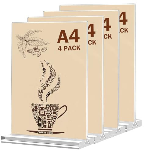 Lot de 4 présentoirs de table A4, étiquettes de prix A4, support de table en acrylique en T pour brochures, cartes de menu, cadres photo publicitaires, porte-cartes de menu pour restaurant, café,