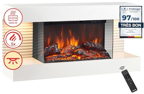 KAMINIO Camino elettrico LIZ - Caminetto elettrico da parete con riscaldamento, effetto fiamma 3D, luce ambiente a LED, telecomando (Bianco)