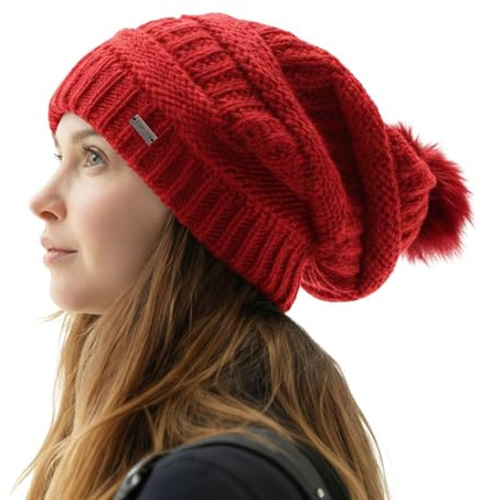 TOP-EX PolarWool™ 100% Berretto in lana per donna – Caldo berretto invernale lavorato a maglia con elegante pompon, fodera in raso o in pile, Taglia unica