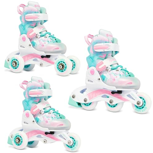Raven Princess 3in1 Inline Skates Triskates Rollschuhe Inliner für Kinder Mädchen verstellbar (Mint/Pink, 26-29 (16cm-18cm))