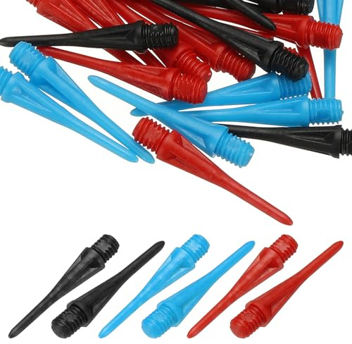YELARXI Plastic Dart Tips, 2BA Thread Soft Tip Dart Points Replacement Dart Accessories- Fitting for (Electronic Dartboard/Practice/Home Entertainment/Competition) 30 Pack & Black/Red/Blue