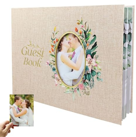 CHSEEO Libro de Firmas para Boda, Libro de Visitas - Funda de Lino con Marco para Decorar Fotos, 108 Páginas Gruesas en Blanco #4