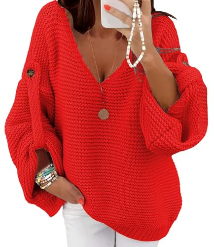 Suéter de Punto Grueso Oversize para Mujer, Ideal para otoño e Invierno. Manga Larga, Estilo Holgado e Informal, con Cuello en V. Color Rojo. Talla Grande.
