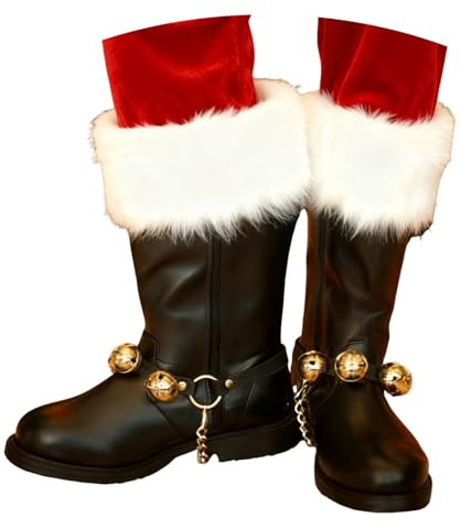 Bottes de Père Noël pour Hommes, Bottes de Neige Larges avec Poignets Blancs et Clochettes, Fermeture Éclair Latérale, Couvre-Bottes d'hiver Chaudes en Cuir Accessoires de Cosplay du Père Noël