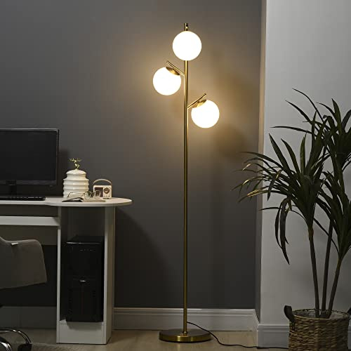 HOMCOM Lampada da Terra Moderna con 3 Punti Luce, Lampada a Piantana in Metallo e Vetro, Ø27x169cm, Oro