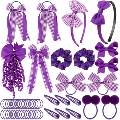 50Pcs Purple Hair School Kit Bow Hair Clips Purple Headband Elastic Headbands Ribbon Ponytail Holder School Hair Accessories Blue for Girls Christmas Birthday Gift