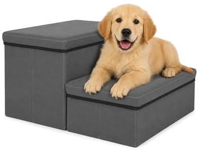 Dog Stairs with Storage, Foldable Pet Steps for Bed and Sofa, Soft Suede-Finish Dog Staircase with Hidden Storage Compartments, 2 Steps Pet Stairs for Small and Medium Dogs and Cats