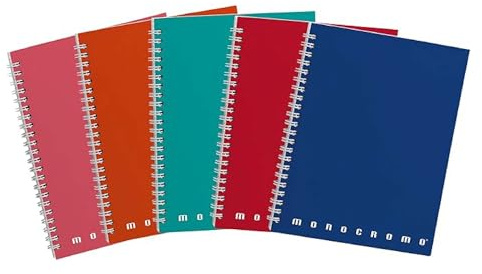 Pigna, Confezione 5 Maxi Quaderni Spiralati A4 MONOCROMO,interno 5M, quadretti 5mm ,no fori,con microperforazione
