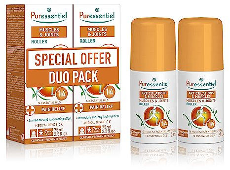 Puressentiel - Articulations et Muscles - Roller aux 14 Huiles Essentielles - Soulage et apaise les douleurs musculaires et articulaires - Lot de 2x75 ml