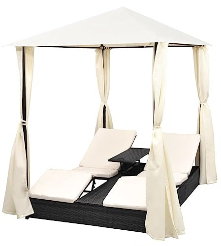 vidaXL Sonnenliege mit Vorhang Gartenliege Gartenmöbel Liege Strandliege Relaxliege Freizeitliege Liegestuhl Rattanmöbel Poly Rattan Schwarz