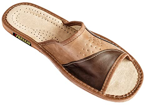 APREGGIO Pantoufles Homme Cuir – Chaussons Confortables et Pratiques – Fabriqué à la Main – Marron – 42