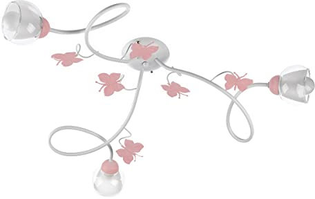ONLI Deckenleuchte mit 3 Leuchten für Kinderzimmer aus weißem Metall mit rosa bemalten Schmetterlingen