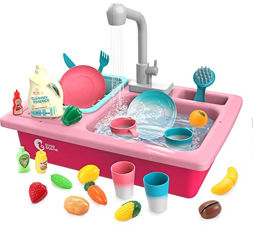 CUTE STONE Color Changing Play Kitchen Sink Toys, Children Electric Dishwasher Playing Toy with Running Water,Upgraded Real Faucet and Play Dishes,Pretend Role Play Toys for Kids Boys Girls