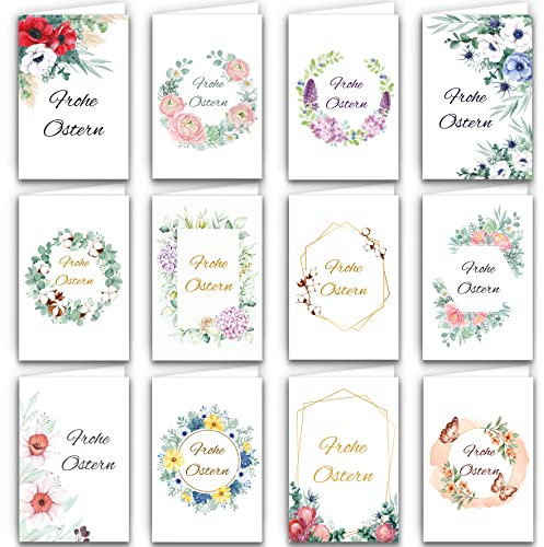 Osterkarten mit Umschlag Klappkarten Set 12 Stück A6 aufklappbar in zarten Pastelltönen und Blumenmuster Grußkarten Happy Easter Oster Karten Kartenset Umschläge beige