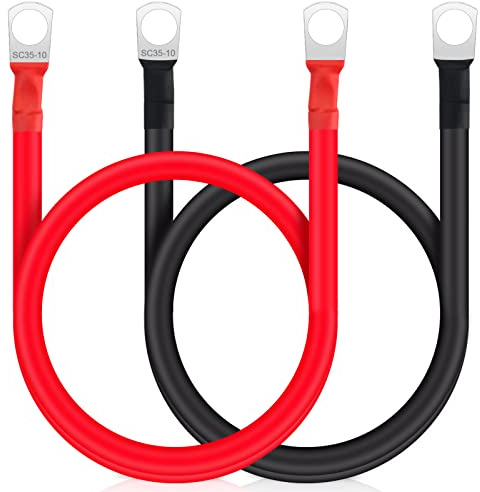 JatilEr 2 Stück Batteriekabel 50cm, 35mm²/2AWG Batterie Kabel 12V Batterie Anschlusskabel mit M10 Ringklemmen, Auto Starthilfekabel Kupfer, Massekabel, Kupferkabel für Auto KFZ LKW Motorrad Solar