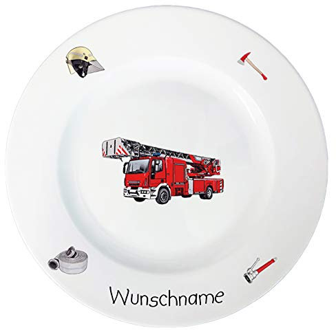 Doriantrade Speiseteller 27cm Kinderteller Teller Porzellan Feuerwehr personalisierbar mit Wunschname Name Kindergeschirr mit Namen personalisiert