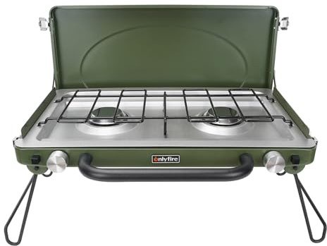 ONLYFIRE Bärbar campingspis 2-brännare, propan lägerspis med hopfällbara ben, campinggrillspis med justerbara brännare, kraftig spärr och handtag för camping baklucka husbilsgrillning, grön