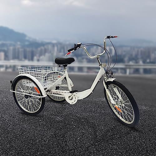 Adult Tricycle 24 In Tricycle 6 Speed Tricycle mit Korb Einstellbare 3 Rad Fahrrad Senior Dreirad Erwachsene Dreirad City Bikes mit Schutzblech, 120kg Max Last, Schleifen Rad Licht (Weiß)