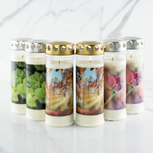 Lot de 6 bougies funéraires Hofer - Durée de combustion de 7 jours - Bougies de condoléances avec couvercle - Bougie funéraire avec motif et inscription - Bougies pour décoration funéraire et