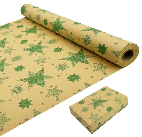 LZRinue 43cm x 20M Wrapping Paper Roll, Green Star Kraft Paper, Recyclable, Perfect for Christmas, Birthday, Wedding