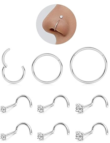 LOLIAS 9 stycken näspiercing för kvinnor män 14 K guld piercing näsa kirurgiskt stål 6/8/10 mm näsa piercing silver hoop piercing septum näsa Helix piercing 20G, Rostfritt stål Kubisk Zirkonia