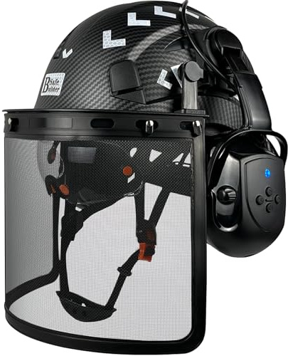 SAFEBUILDER Forestry Chainsaw Tree Work Safety Helmet Vented Hard Hats w/Visor Bluetooth Ear Muffs Face Shield Outdoor Hardhats Vented ANSI Z89.1 (Matte Black Hat+ICV+BTE+MH)