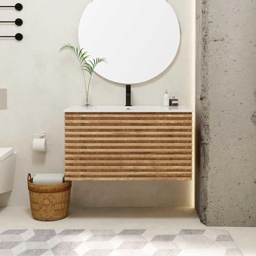 UEV Mobile Bagno, con Lavabo in Ceramica, Lavabo Sospeso 90 cm, 2 Cassetti con Sistema di Chiusura Ammortizzata, Ampio Spazio Contenitivo, 90 x 45 x 46 cm, Naturale