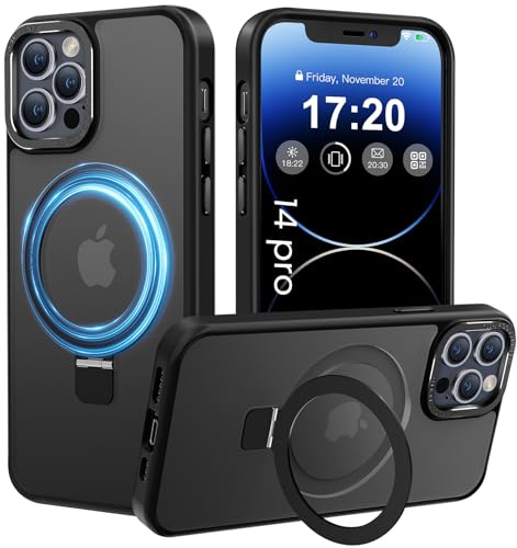 PuyaTeya Handyhülle für iPhone 14 pro Hülle, [mit Unsichtbarem Ständer ][mit Magnetic] Kratzfeste Anti-Fingerabdruck [Transluzente Matte] Hülle für iPhone 14 pro 6.1(Schwarz)