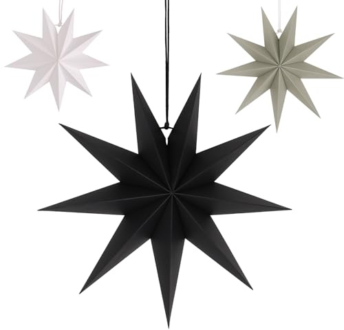 Papiersterne Weihnachten 40cm & 30cm & 25cm - Schwarz, Grau, Weiß - 9 Zackig Stern zum Weihnachtskugel Aufhängen Faltstern Weihnachten Papier Stern Weihnachts Set Dekoration