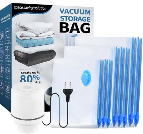 Sacchetti Sottovuoto Vestiti con Pompa Elettrica 8 Pezzi, 2 jumbo, 3 grandi, 3 medi, Sacchi Sottovuoto Piumoni per Coperte, Piumino, Cuscini, Trapunte, Viaggi, Traslochi