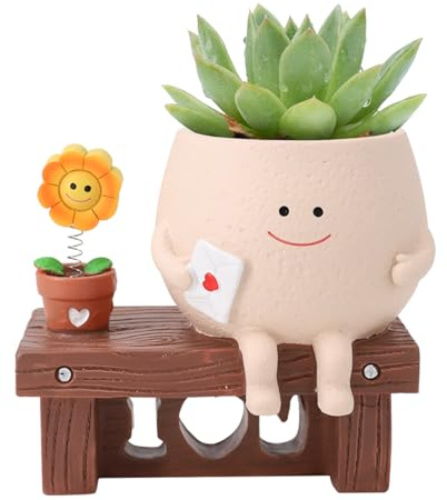 Vaso con faccina sorridente, simpatici vasi da interno, vasi per piante grasse con foro di drenaggio, graziosi vasi con girasole e lettera