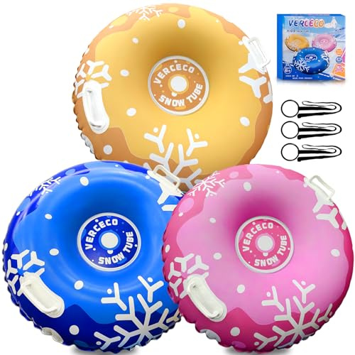 1/3 Packs Snow Tube Inflatable Sleds for Kids Snow Tubes for Sledding Heavy Duty 36'' Snow Sleds for Kids and Adult with Handles Outdoor Snow Toys Set for Boys Girl 3PCs-Mix