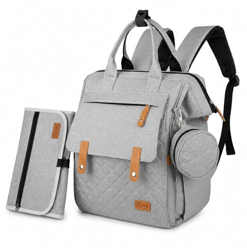AWASG Mochila para cambiar pañales, bolsa para cambiar pañales, gran espacio de almacenamiento, mochila para bebé para viajes, gris claro, 31 x 41 x 17 cm