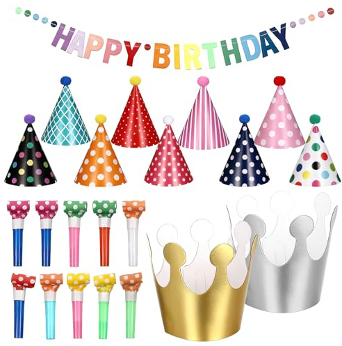 22PCS Birthday Party Hats Set Includes 1PC Happy Birthday Banner, 11PCS Cone Hats and 10PCS Party Blowers, Reusable Birth day Hat Set for Holiday Decorations, Photo Props, Birth Day Parties Supply