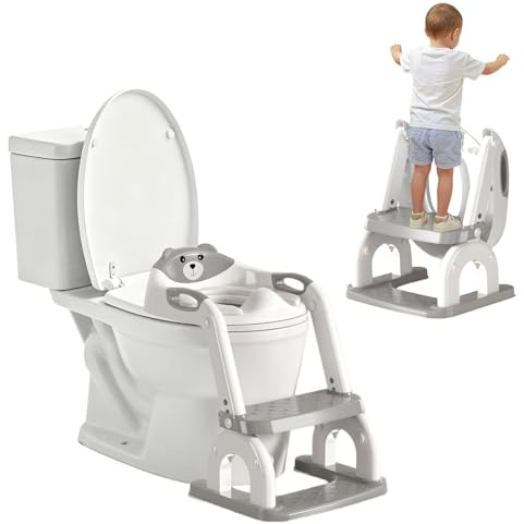 2-in-1 Potty Training Seat Toddler Potty Training Seat with Step Stool Foldable Ladder Adjustable Toddler Toilet Chair for Boys&Girls Splash Guard (gray)