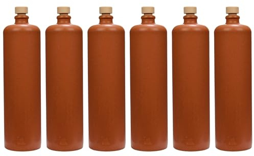 Flaschenland Brocca in terracotta da 1 l, con manico in sughero, stile rustico, set da 6