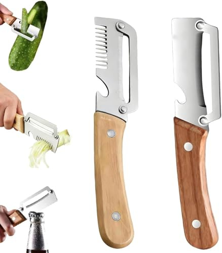 Set 2 Pelapatate Cucina Professionali Multifunzione 3-in-1, Sbucciatore, Tagliaverdure, Apribottiglie, Lama in Acciaio Inox, Impugnatura Ergonomica in Legno, Utensile per Frutta e Verdura (B)