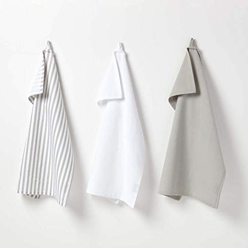HOMESCAPES - Pure Cotton Tea Towels Set of Three - Thin Stripe - Grey White - 50 x 70 cm - Fully Coordinated Washable Kitchen Linen