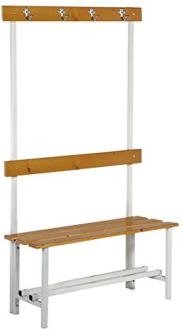 Banco de Vestuario Alto. Estructura Metálica y Asiento, Respaldo y Colgador en Madera Pino Barnizada. Med. 1745x1000x380 mm. Desmontado