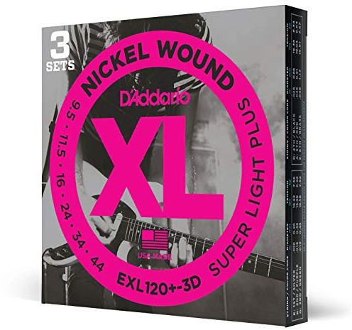 D'Addario EXL120+ Cuerdas de guitarra eléctrica entorchadas en níquel, Super Light Plus, 9.5-44, 3 Juegos, 9.5-44, Super Light Plus, 3-Pack