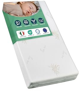 GHIOCUSCINI | Materasso Culla neonato 60 x120 alto 11cm, Materasso lettino bambino ALOE VERA, certificato EN16890:2017 + A1:2021, OEKO-TEX®, CertiPUR™, Traspirante, Antimicrobico e Antibatterico