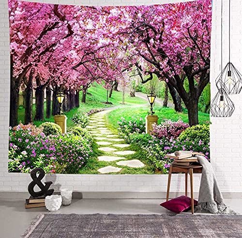 MEETSIOY Spring Park Tapestry 60x51 Inches Forest Path Tapestry Cherry Blossom Tree Full of Pink Flowers Tapestry for Living Room Bedroom Home Decor GTLSMT93