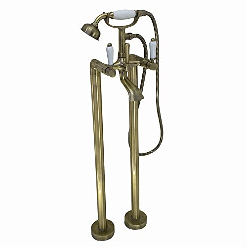 ENKI, Downton, BT0809 Floorstanding Bath Shower Mixer Tap with White Ceramic Levers Antique Brass