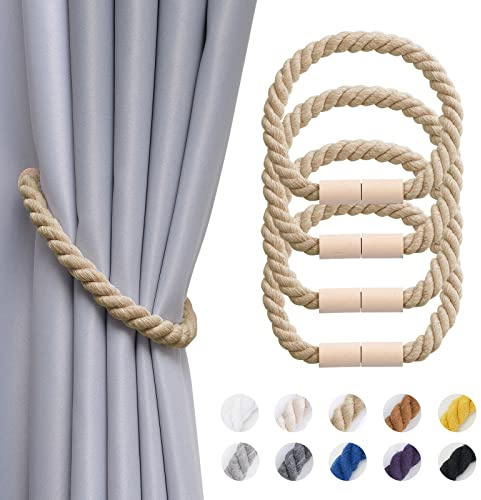 Pretty Jolly 4-pack magnetiska gardinbindningar i trä boho heminredning draperi bakstycken naturlig bomull handgjorda rep gardinhållare för tunt eller tjockt hem och kontor fönsterdraperi (mörkbeige)
